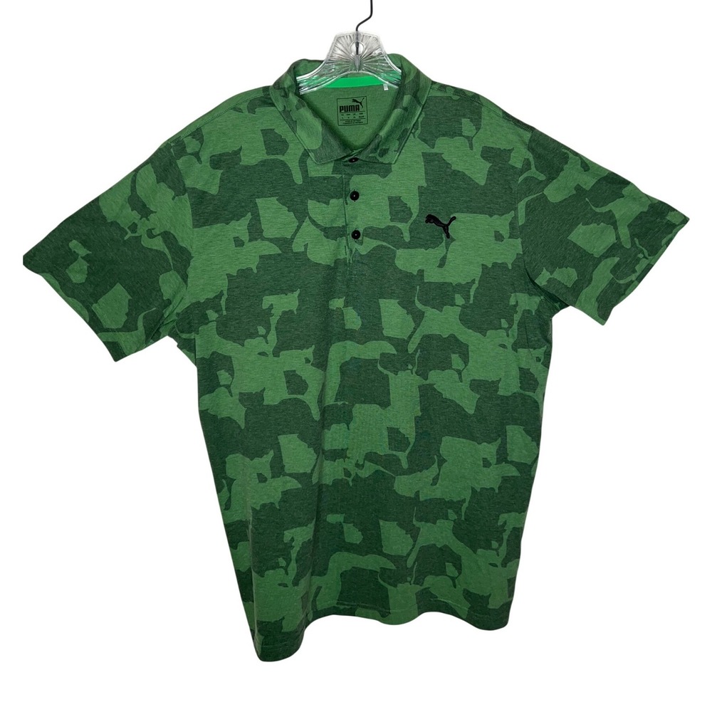 Puma Mens Golf Polo Shirt Green Camo Print Short Sleeve Embroidered Cat Logo , L